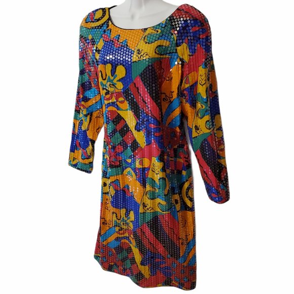 VTG 70s/80s Sequin Party Dress Women's S Colorful Midi Sheath Lined Zip Close - Picture 9 of 10